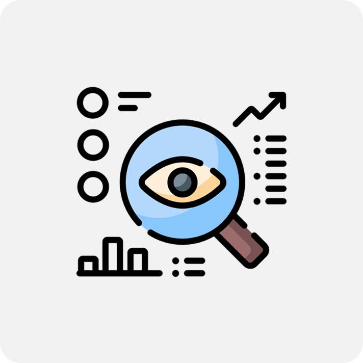 A graphic of a magnifying glass with a eye and graph