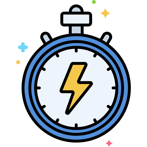 A blue and white stopwatch with a lightning bolt
