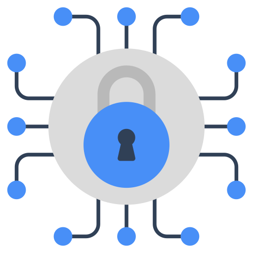 A blue and grey padlock with connected dots and lines