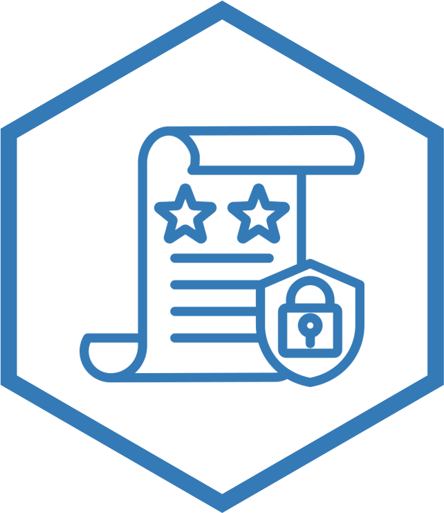 A blue and white hexagon with a paper with stars and a padlock