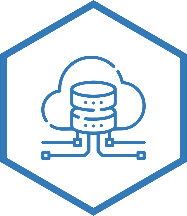 A blue and white hexagon with a cloud and a server