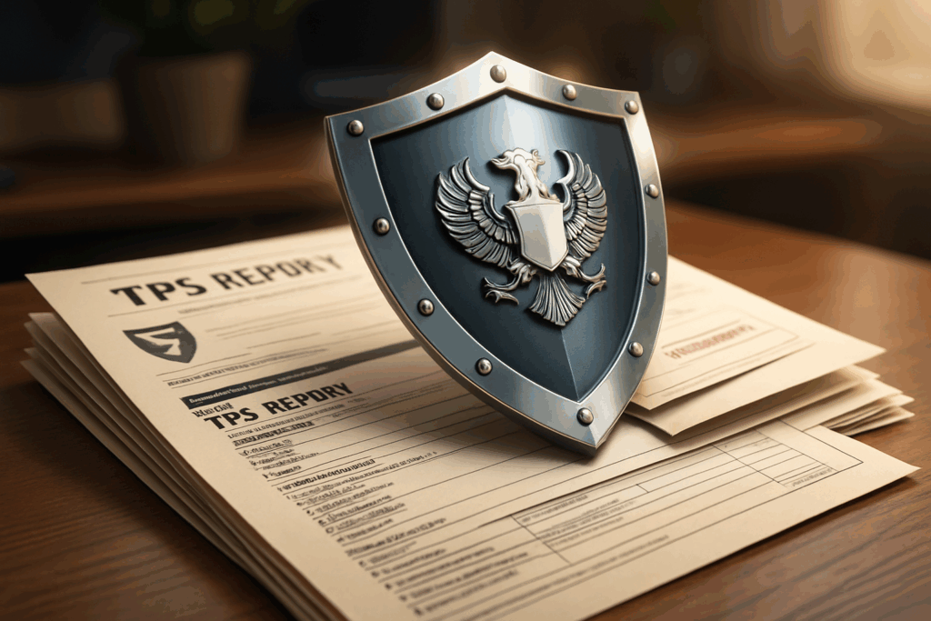 Shield protecting TPS reports, symbolizing data security and the importance of preventing accidental information leaks.